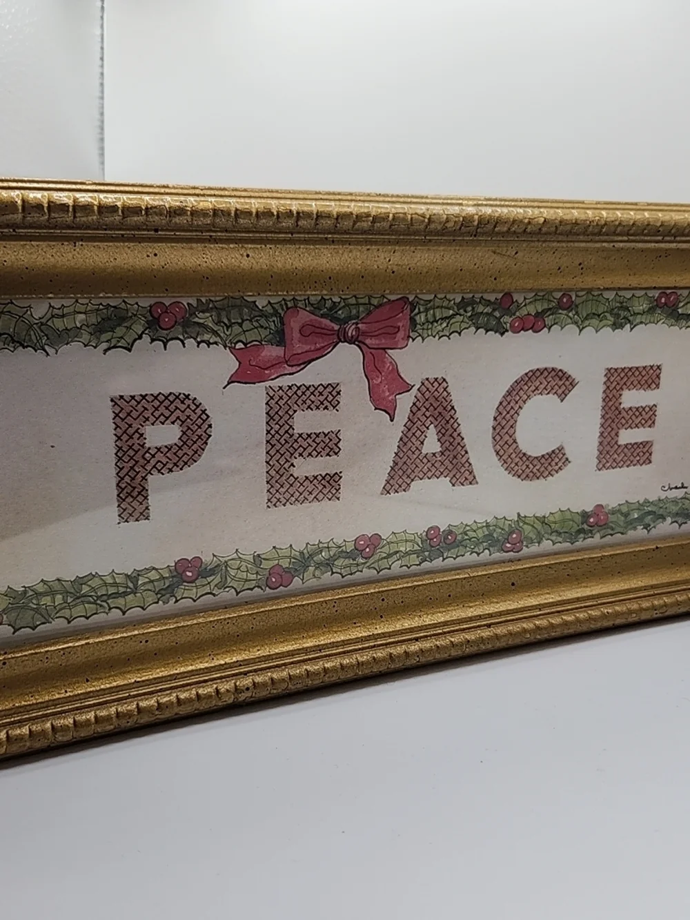 PEACE Holiday‎ Framed Sign - Gold Frame, Red & Green Accents